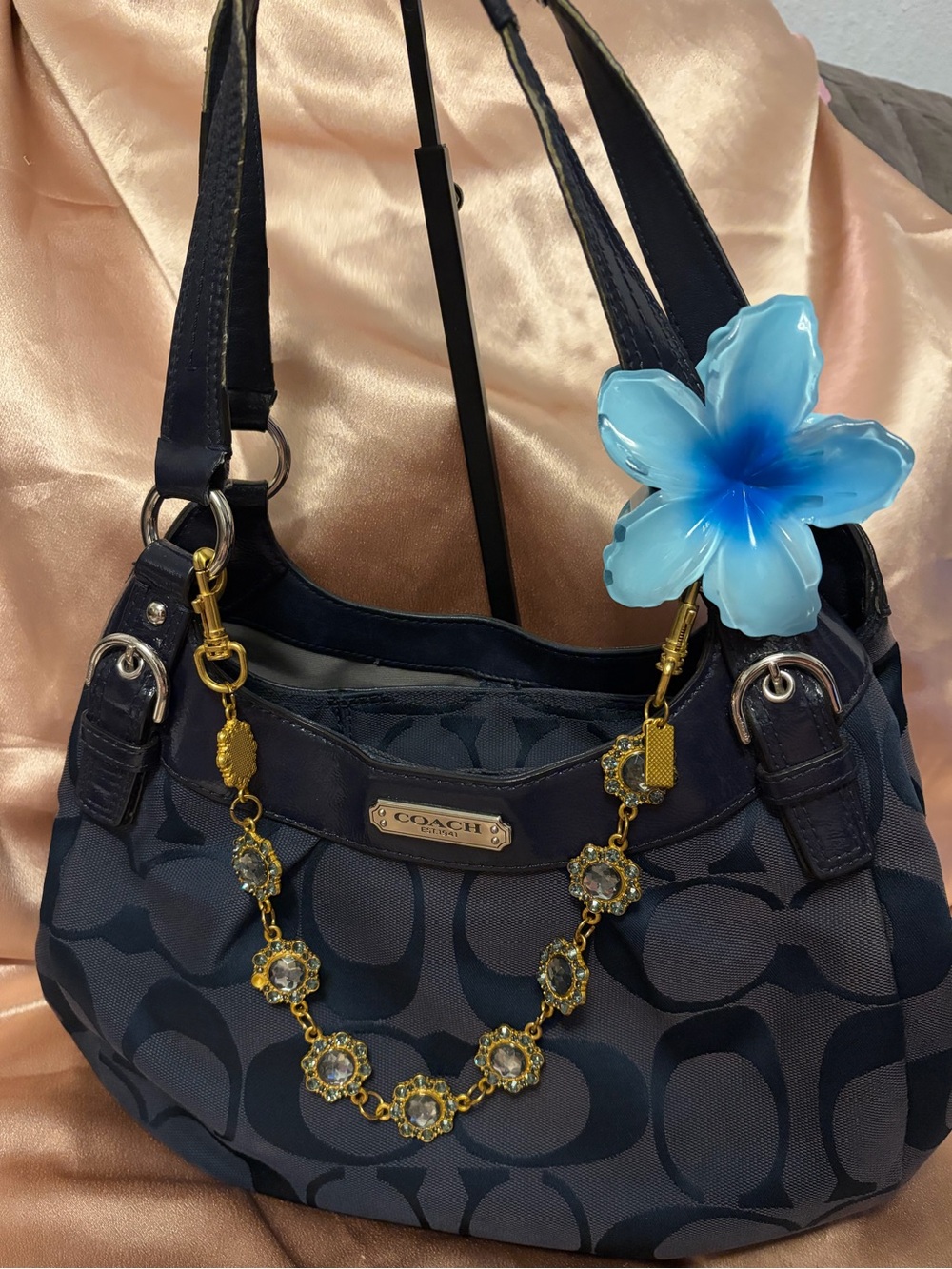 Coach Navy Signature Canvas Shoulder Bag with Gold Charm Chain
